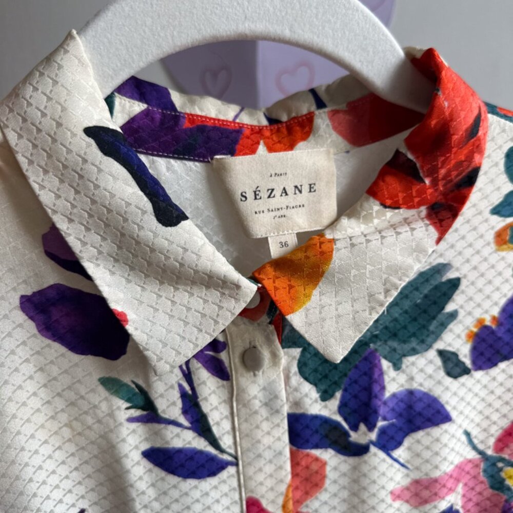 Sezane Floral Midi Dress in Cream with Orange & Purple Blossoms - Picture 9 of 10